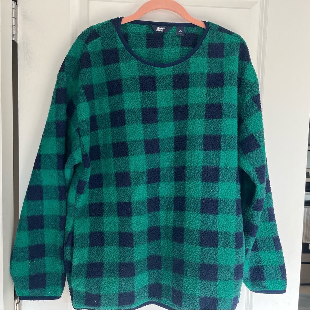 Lands' End Green and Navy Buffalo-Check Fleece Pullover
